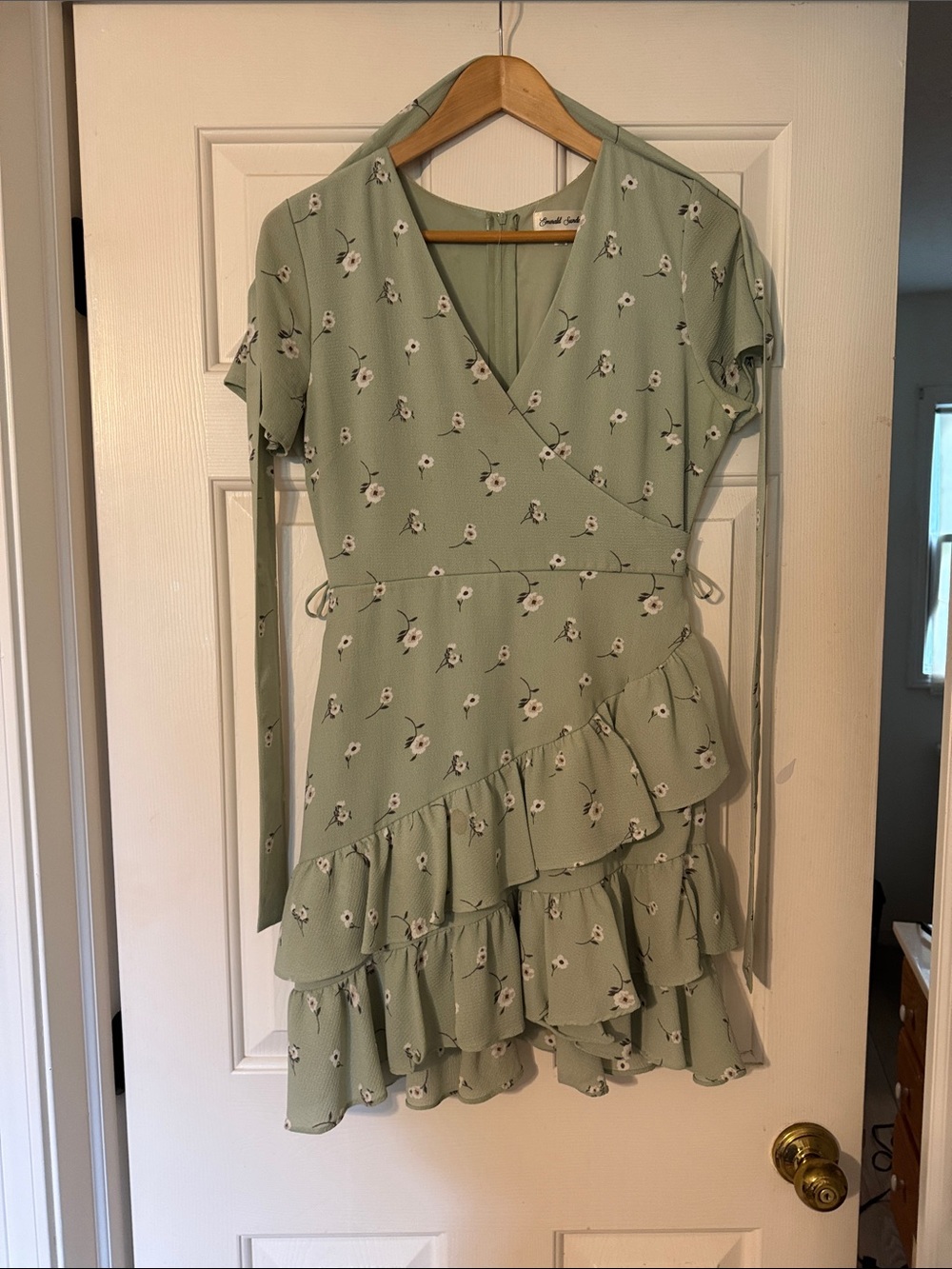 Floral Ruffle Wrap Dress in Sage Green